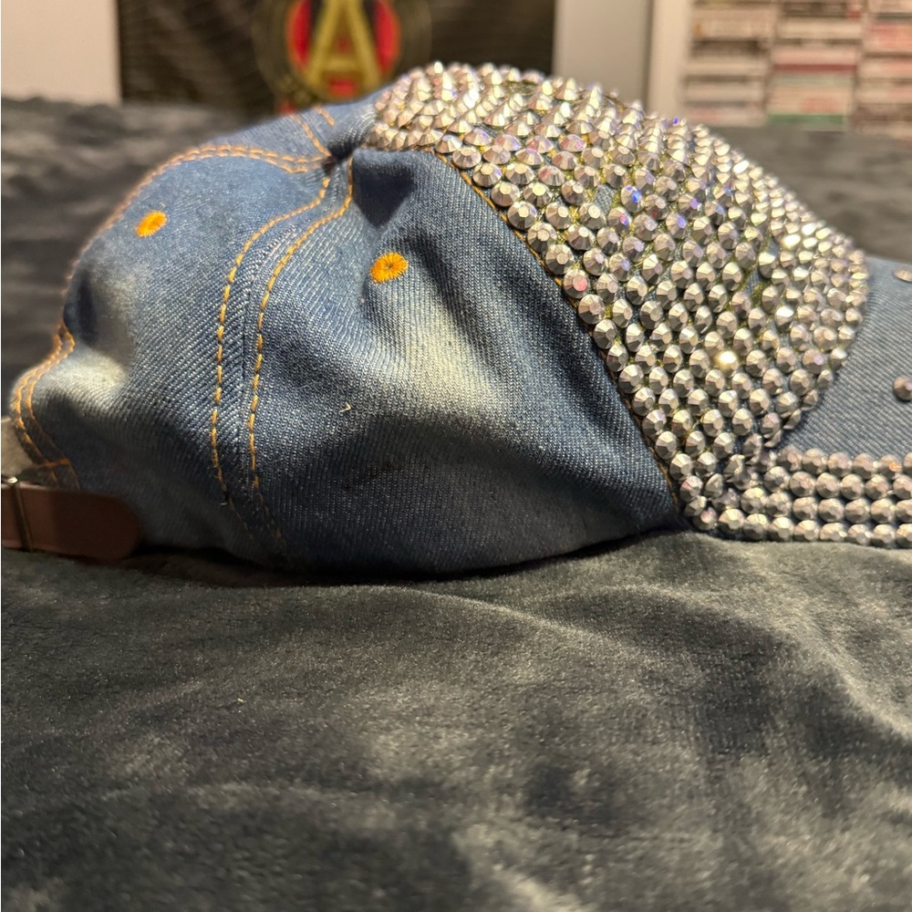 Distressed Blue Denim Women’s Adjustable Cap Rhinestone Embellished Fashion Hat - Picture 2 of 7